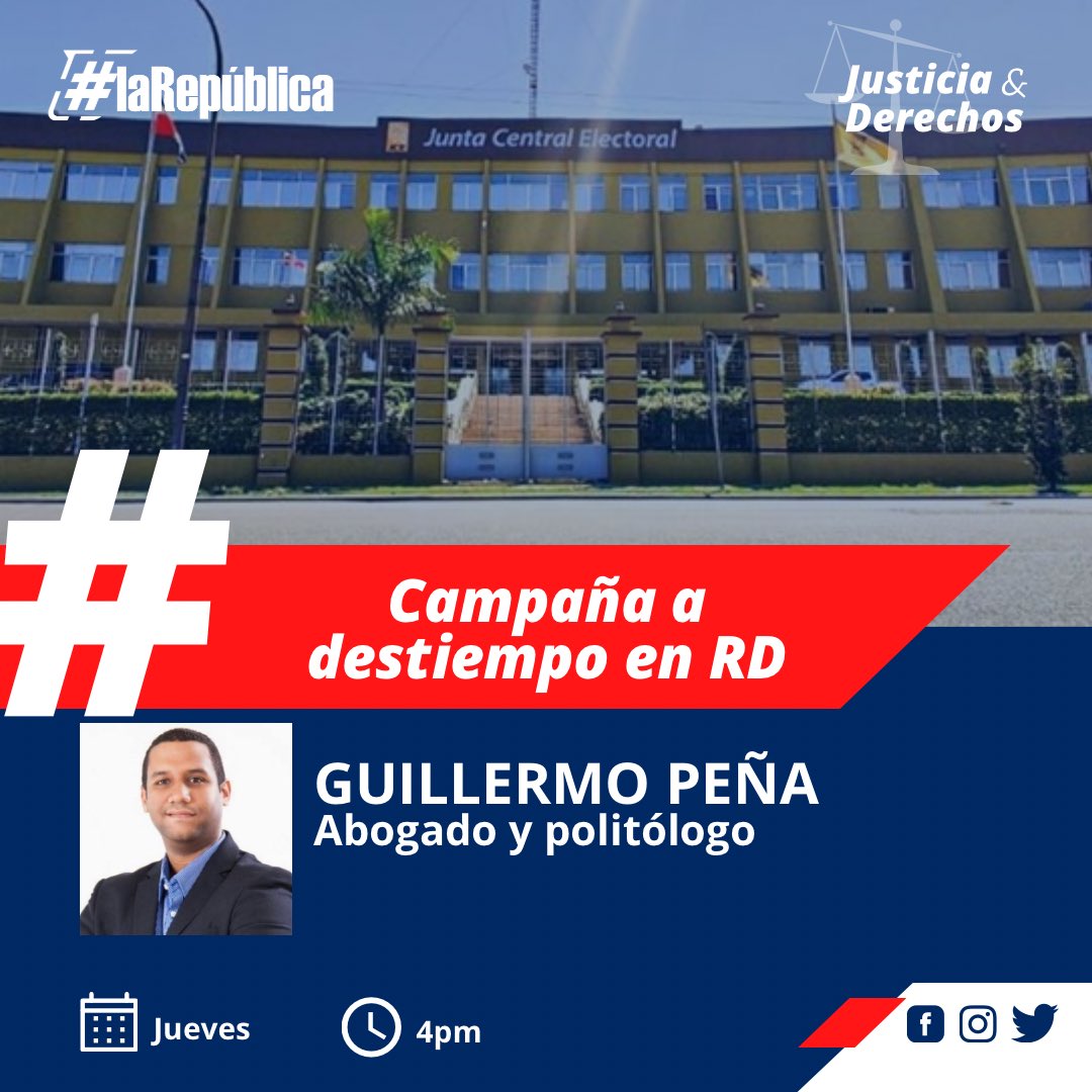 La República Radio (@larepradio) on Twitter photo HOY en #LaRepúblicaRadio hablamos de campaña a destiempo, en nuestro segmento #justiciayderechos con Guillermo Peña, abogado y politólogo.
A partir de las 4pm por La Nota 95.7fm 📻🎙️
<a href="/BaezDerik/">Derik Báez Torres</a> <a href="/RDelgadilllo/">Ramieri Delgadillo Santana | Periodista</a> <a href="/Guillermopca/">Guillermo Peña Capellán</a> HOY en #LaRepúblicaRadio hablamos de campaña a destiempo, en nuestro segmento #justiciayderechos con Guillermo Peña, abogado y politólogo.
A partir de las 4pm por La Nota 95.7fm 📻🎙️
<a href="/BaezDerik/">Derik Báez Torres</a> <a href="/RDelgadilllo/">Ramieri Delgadillo Santana | Periodista</a> <a href="/Guillermopca/">Guillermo Peña Capellán</a>