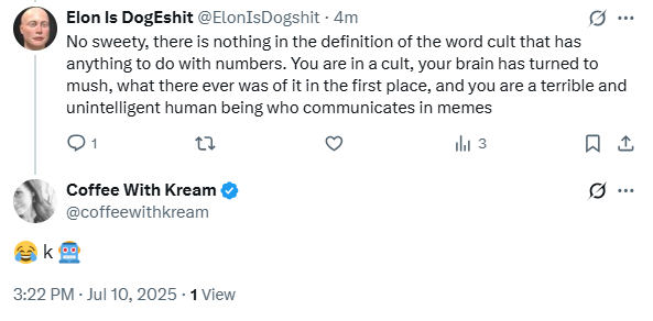 ElonIsDogshit's tweet image. Another cult member bites the dust. They know they're not smart, this is the best they can do before the inevitable block, in lieu of anything resembling an intelligent thought.