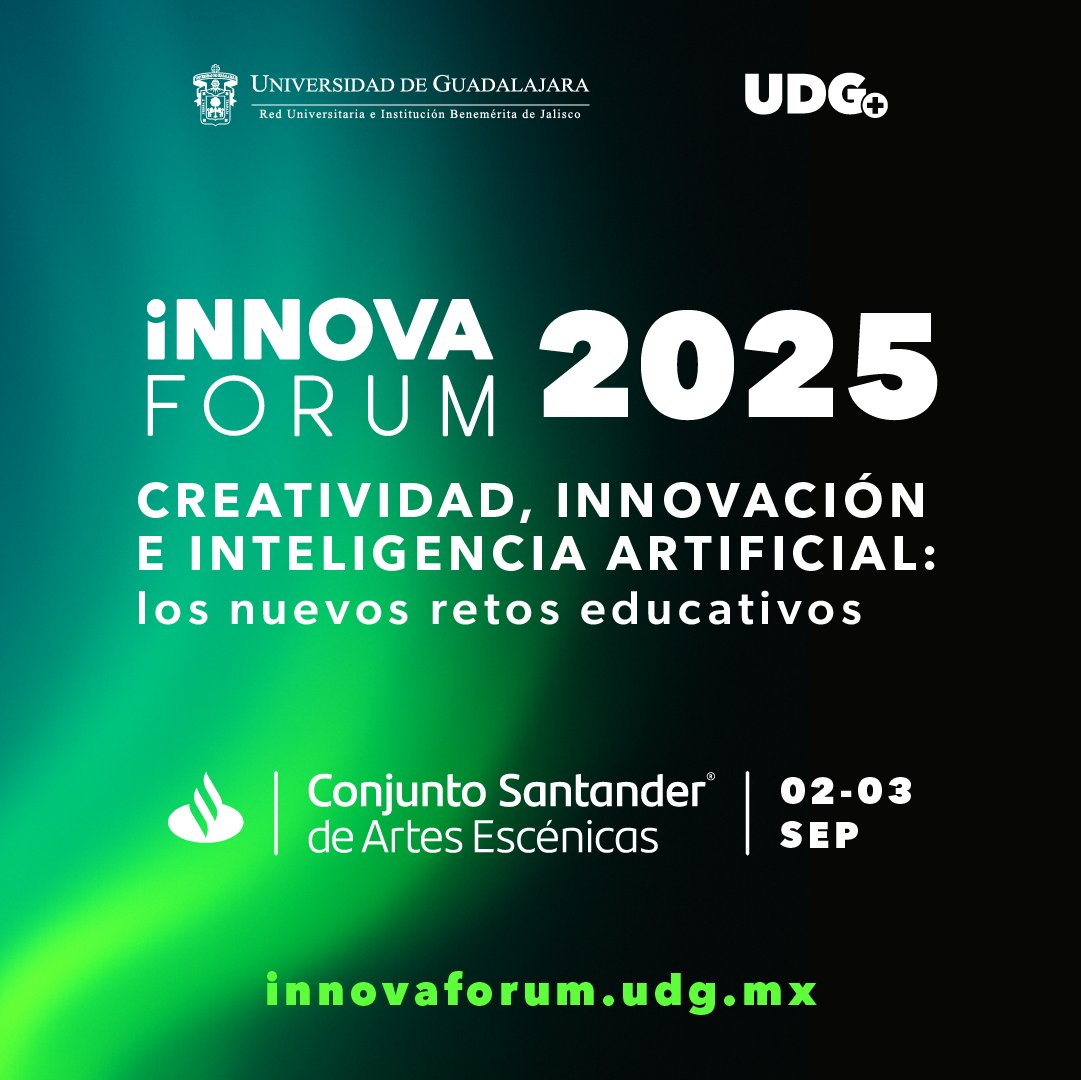 UDGPlus (@udgplus) on Twitter photo El Encuentro de Innovación Educativa de la <a href="/udg_oficial/">Universidad de Guadalajara</a> te espera con conferencias, talleres, paneles, Innova Talks y más.
🗓️ 2 y 3 de septiembre
📍 Conjunto Santander de Artes Escénicas
🔗 Regístrate ahora: innovaforum.udg.mx
<a href="/innova_forum/">iNNOVA FORUM</a> El Encuentro de Innovación Educativa de la <a href="/udg_oficial/">Universidad de Guadalajara</a> te espera con conferencias, talleres, paneles, Innova Talks y más.
🗓️ 2 y 3 de septiembre
📍 Conjunto Santander de Artes Escénicas
🔗 Regístrate ahora: innovaforum.udg.mx
<a href="/innova_forum/">iNNOVA FORUM</a>