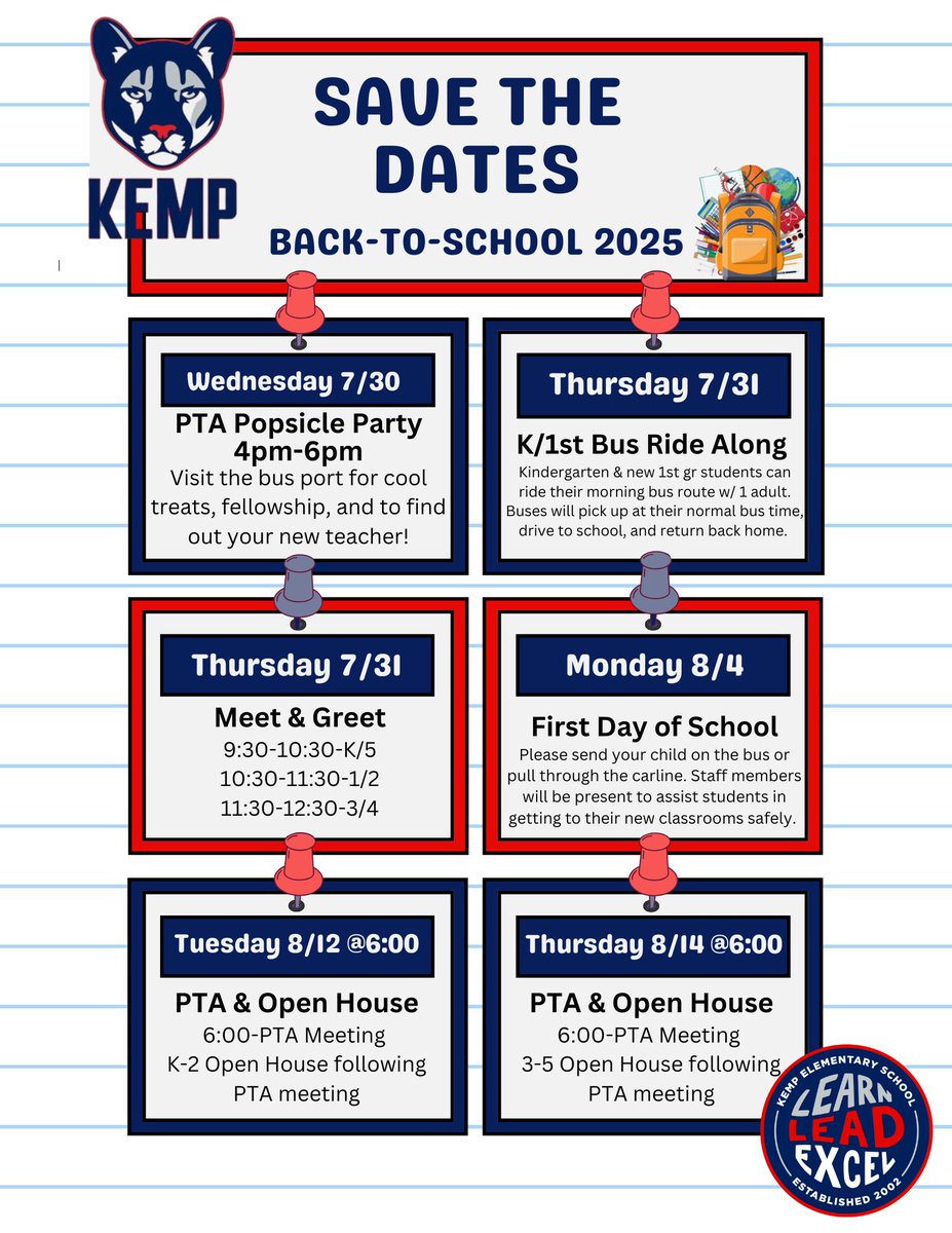 Kempcougars's tweet image. Getting excited for the new year! Be sure to save the dates below! 🗓️ #LearnLeadExcel