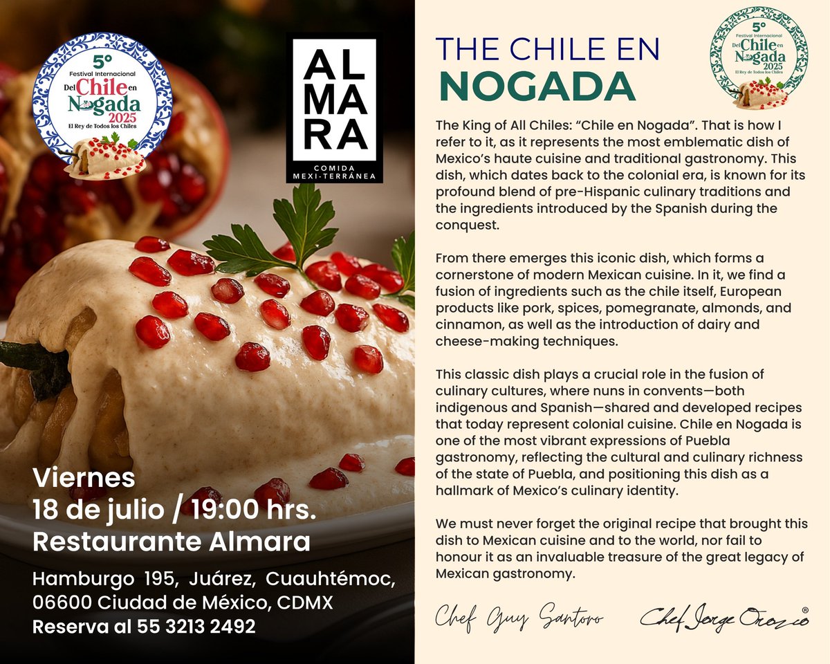 Disfruta del #reydeloschiles el #chileennogada en una experiencia única, protagonizada por los chefs Guy Santoro y Jorge Orozco, embajador de la cocina mexicana. La cita es el próximo 18 de julio en #Almara, el restaurante insignia del hotel Galería Plaza Reforma #grupobrisas