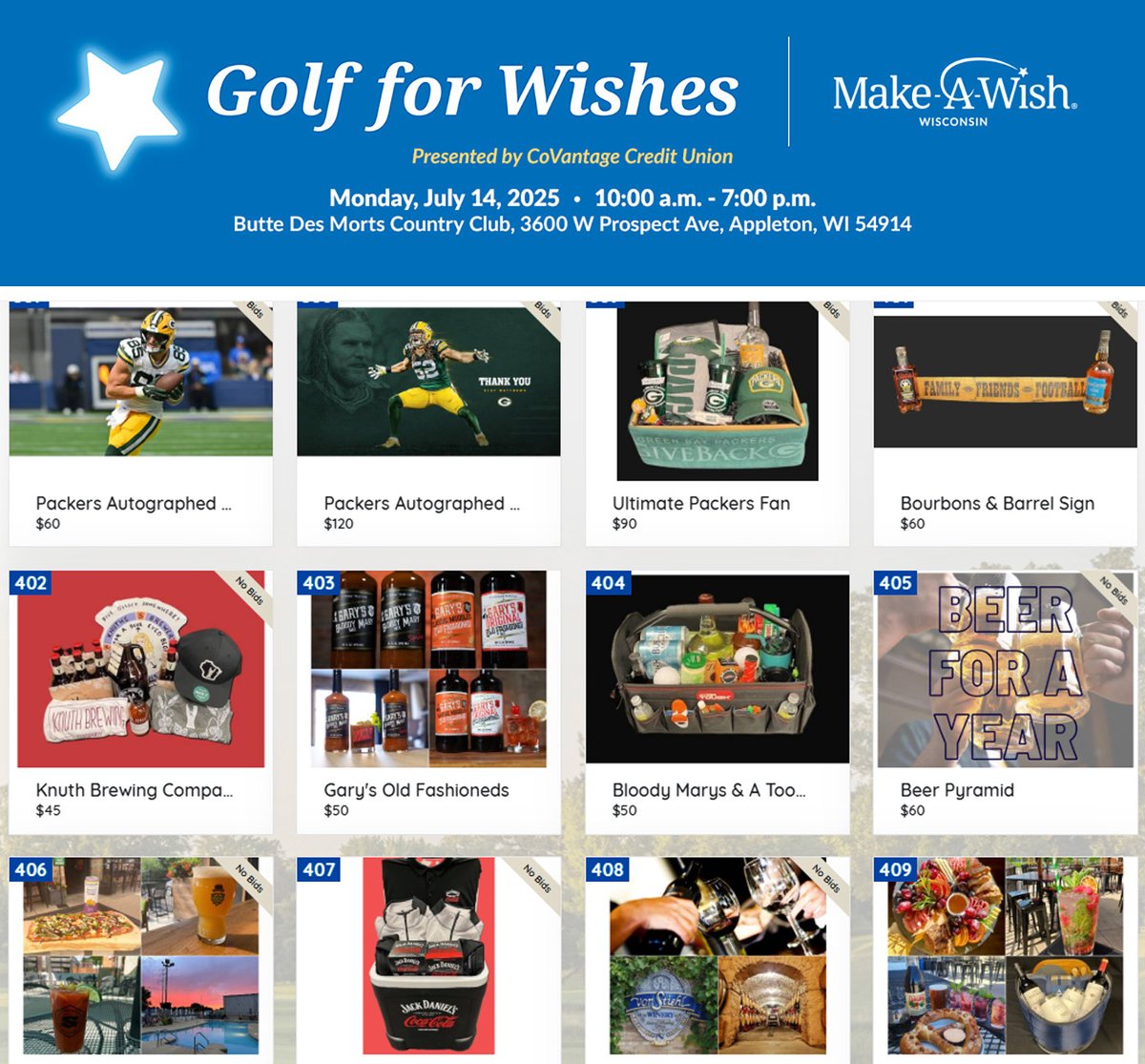 Help give life-changing hope to kids battling critical illnesses by bidding on amazing treasures in our Golf for Wishes - Appleton silent auction NOW at golfforwishes25.givesmart.com! The auction will close at about 6:30 p.m. on Mon, July 14 at Butte Des Morts Country Club, Appleton.