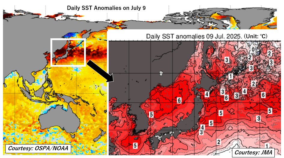 Central Tokyo came to a standstill Wednesday evening as radar detected 100mm of rain falling in just one hour. 

With Japan now surrounded by abnormally warm ocean waters, extreme moisture is fueling the risk of sweltering heat, heavy downpours, and potentially powerful typhoons.
