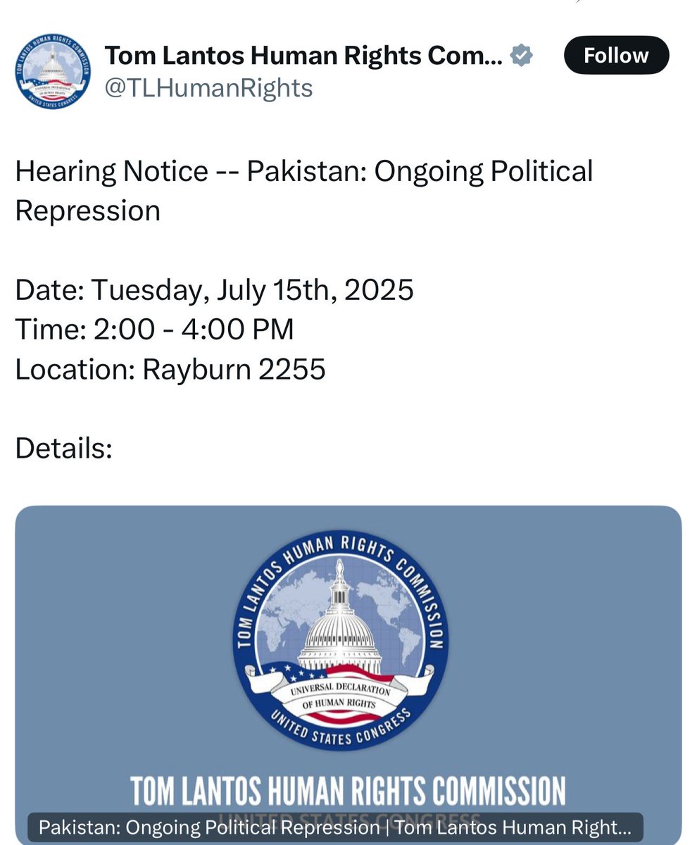 امریکی کانگریس کی
 Tom Lantos Human Rights Commission 
نے پاکستان میں جاری سیاسی جبر پر سماعت کا اعلان کر دیا ہے۔ یہ عالمی سطح پر پاکستان میں انسانی حقوق کی بدترین صورتحال اور سیاسی انتقام کے خلاف بڑھتی تشویش کا ثبوت ہے۔
#ReleaseImranKhan #HumanRights #تحریک_تو_چلے_گی"