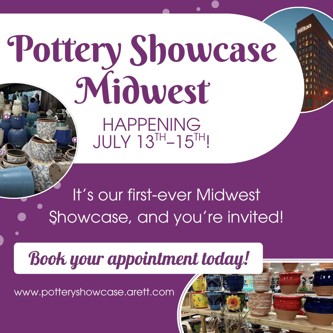 🏺 Pottery Showcase Midwest – 1 Weekend Only!
July 13–15 • Don’t miss this exclusive 3-day event!
Shop 100+ pallets of premium pottery — only at our Midwest location. Appointments are filling fast, so book now for early access!
#PotteryShowcase #ArettEvents #RetailAppointments
