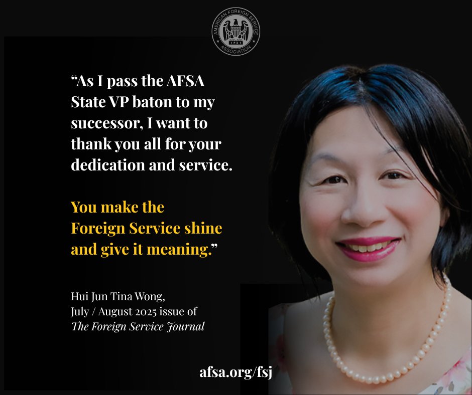 We are deeply grateful to Hui Jun Tina Wong for her service on the AFSA Board of Directors. She's helped lead the organization during a difficult time, and we thank her for her support of the Foreign Service community. 

Read her article: afsa.org/foreign-servic…