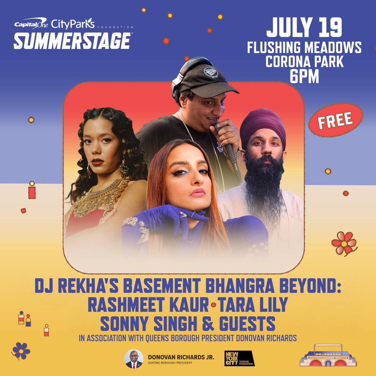 .<a href="/djrekha/">djrekha.bsky.social</a>’s Basement Bhangra Beyond returns to the World’s Borough! This year, the FREE #SummerStage staple will feature performances by Rashmeet Kaur, @taralilymood, Sonny Singh + MORE in Queens’ Flushing Meadows-Corona Park starting at 6PM on 7/19. cityparksfoundation.org/events/dj-rekh…