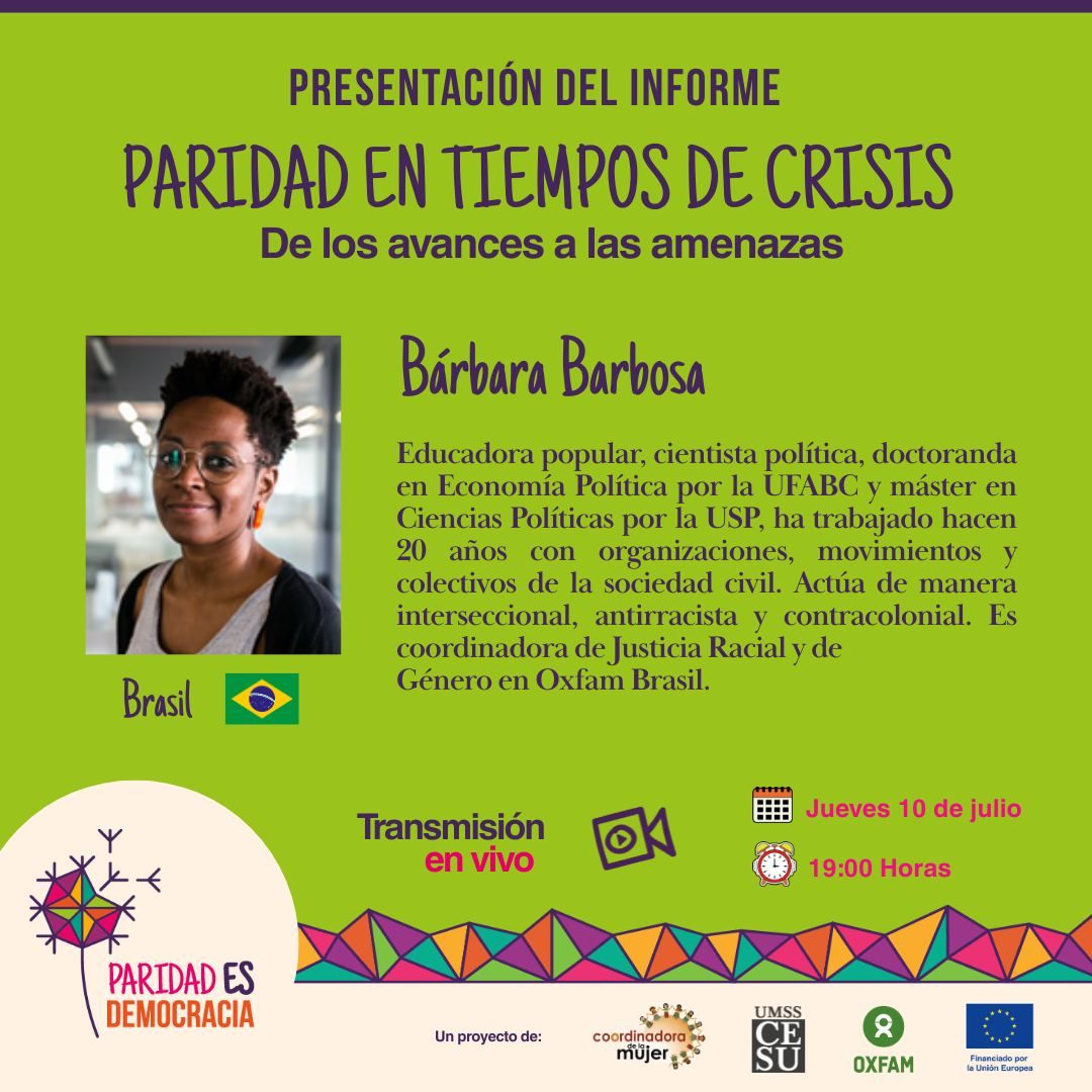 📌“Paridad en tiempos de crisis. De los avances a las amenazas” se presenta HOY.
Contaremos con la participación de importantes mujeres que integran el equipo de Oxfam en Latinoamérica.
🗓️Te esperamos en la trasmisión en vivo a a partir de 19:00 horas Bol facebook.com/OxfamBolivia