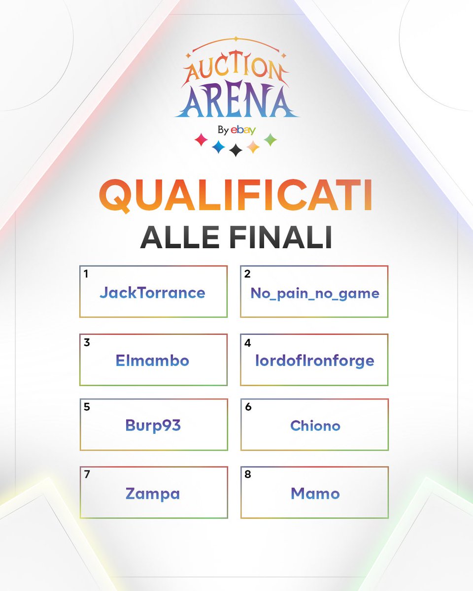 Ieri si sono conclusi gli ultimi qualifier dell’Auction Arena powered by <a href="/eBay_Italia/">eBay.it</a> 
⚔️ 8 giocatori, 1 arena e 0 margine d’errore.

📅 Finale 16 Luglio ore 16,00
🎥 In diretta sui canali streaming dei talent del torneo.

👉 Sono tutti pronti a trionfare ma chi siederà al trono?