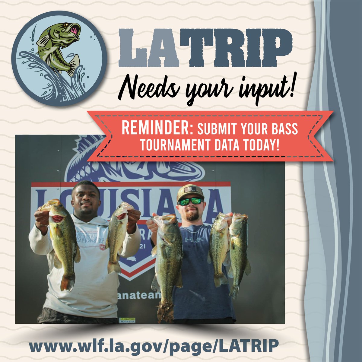 LaWildlife&Fisheries (@ldwf) on Twitter photo 🎣 Calling all bass anglers! Help LDWF improve Louisiana bass fishing by submitting your 2025 tournament results to LATRIP!
📊 Your data helps biologists, organizers & fellow anglers.
🔗 More details and submit data here: wlf.louisiana.gov/page/latrip
📩 Questions? jsibley@wlf.la.gov 🎣 Calling all bass anglers! Help LDWF improve Louisiana bass fishing by submitting your 2025 tournament results to LATRIP!
📊 Your data helps biologists, organizers & fellow anglers.
🔗 More details and submit data here: wlf.louisiana.gov/page/latrip
📩 Questions? jsibley@wlf.la.gov