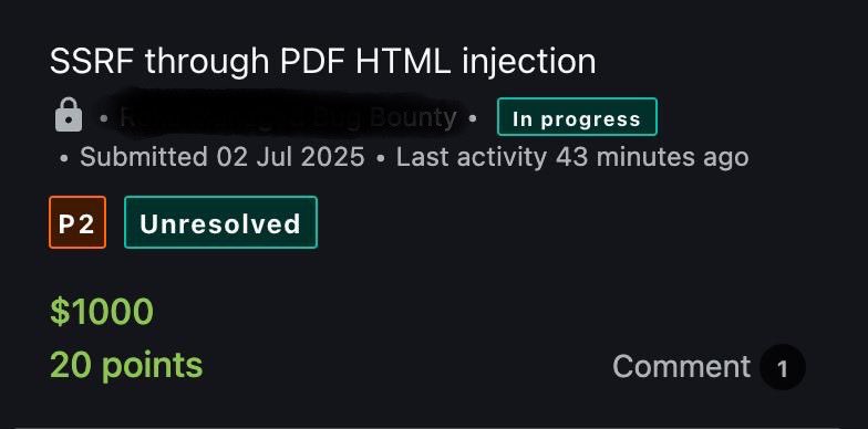 I earned $1000 for my submission on @bugcrowd
#ItTakesACrowd #bugbounty

Tip:
If a site generates a custom PDF using user input, test for HTML injection.

If it works, try SSRF via an iframe to read metadata files:

&lt;iframe src="http://169.254.169.254/latest/meta-data/"&gt;&lt;/iframe&gt;