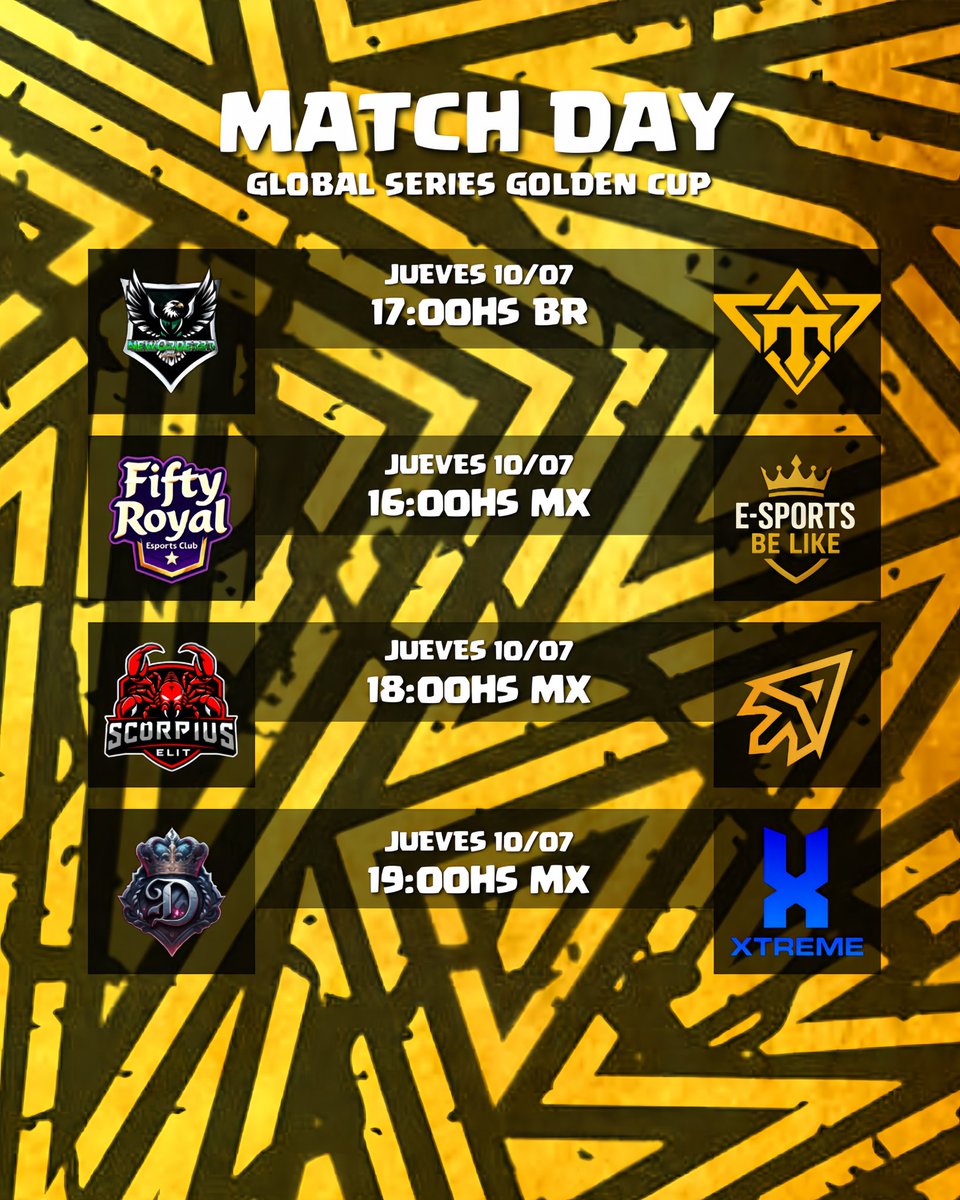 Global Series (@ggseriesok) on Twitter photo 🇪🇸 | GSGC
Match Day
<a href="/NewOrderBRR/">NewOrderBR</a> 🆚 <a href="/goldengg_e/">GØLDEN</a>
<a href="/Fifty_Royal/">✨Fifty Royal✨</a> 🆚 <a href="/E_sportBeLike/">Gabriel Alexander</a>
<a href="/xvScorpiusxv/">Scorpius Elit</a> 🆚 <a href="/TDelta_CR/">Team Delta (Δ)</a>
<a href="/Las_Duquesas87/">✨Las duquesas ✨</a> 🆚 <a href="/Xtreme_Teamtbd/">Xtreme Esports</a>
Hoy juega el grupo G y H!
Los equipos buscarán la victoria para asegurar su clasificación a la fase 02.
#GGSGC 🇪🇸 | GSGC
Match Day
<a href="/NewOrderBRR/">NewOrderBR</a> 🆚 <a href="/goldengg_e/">GØLDEN</a>
<a href="/Fifty_Royal/">✨Fifty Royal✨</a> 🆚 <a href="/E_sportBeLike/">Gabriel Alexander</a>
<a href="/xvScorpiusxv/">Scorpius Elit</a> 🆚 <a href="/TDelta_CR/">Team Delta (Δ)</a>
<a href="/Las_Duquesas87/">✨Las duquesas ✨</a> 🆚 <a href="/Xtreme_Teamtbd/">Xtreme Esports</a>
Hoy juega el grupo G y H!
Los equipos buscarán la victoria para asegurar su clasificación a la fase 02.
#GGSGC