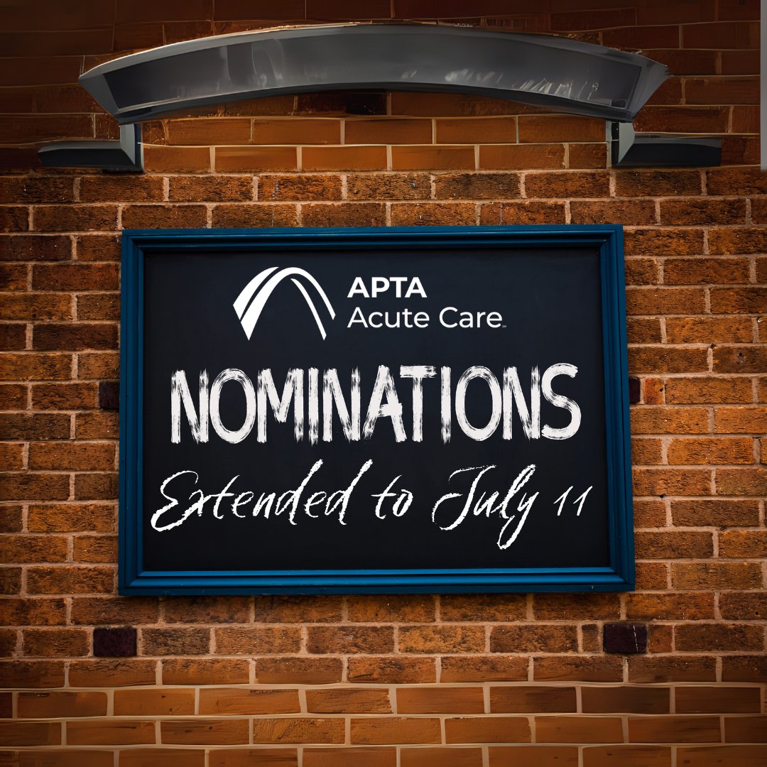 APTA Acute Care (@acutecareapta) on Twitter photo The 2026 Call for Nominations is now open through Friday, July 11!
Know someone who’d be perfect for a leadership role? Or maybe it’s your time to step up? Nominate today!
🔗 Submit a self-nomination: aptaacutecare.org/page/2026selfn…
🔗 Submit a peer-nomination:aptaacutecare.org/general/custom… The 2026 Call for Nominations is now open through Friday, July 11!
Know someone who’d be perfect for a leadership role? Or maybe it’s your time to step up? Nominate today!
🔗 Submit a self-nomination: aptaacutecare.org/page/2026selfn…
🔗 Submit a peer-nomination:aptaacutecare.org/general/custom…