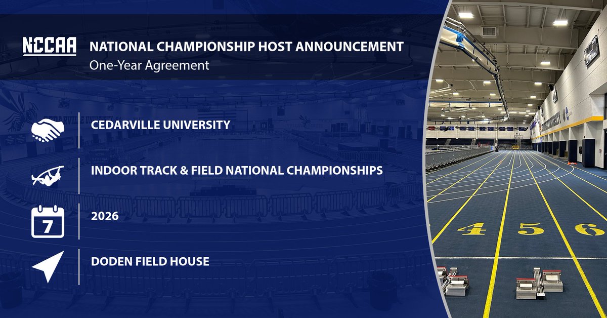 TheNCCAA's tweet image. Cedarville University to Host the 2026 NCCAA Indoor Track & Field Championships
More - the-n.cc/3GAYaE9