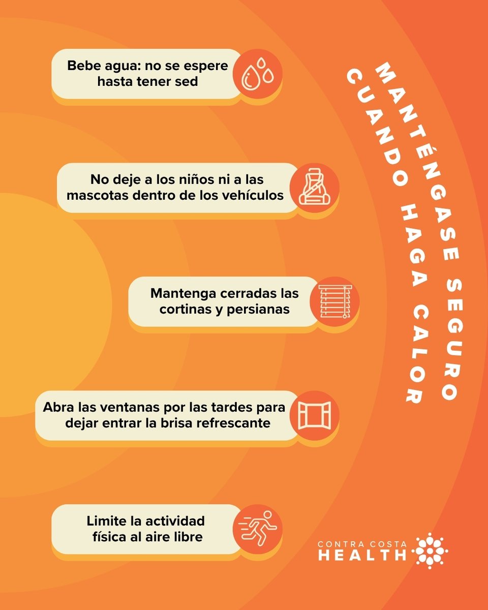 Hot weather is here. Keep these tips in mind to stay healthy and safe in the heat. 

More info: cchealth.org/heat

El calor ya está aquí. Tenga en cuenta estos consejos para mantenerse saludable y seguro durante el calor. 

Más información: cchealth.org/heat