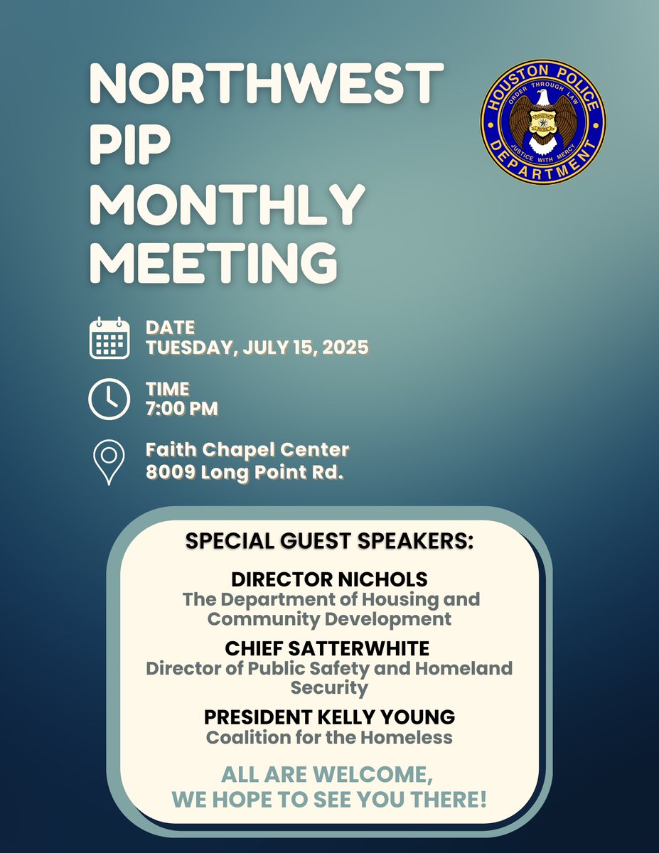 Join HPD's NW Division for their upcoming monthly Positive Interaction Program (PIP) meeting. This month's special guest speakers will discuss the City's strategy to address homelessness. Bring your questions and concerns to learn more about this important plan. 

🗓️ Tuesday,