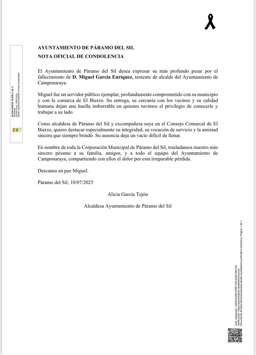 AytoParamo's tweet image. ⚫️ AYUNTAMIENTO DE PÁRAMO DEL SIL: NOTA OFICIAL DE CONDOLENCIA
El Ayuntamiento de Páramo del Sil desea expresar su más profundo pesar por el
fallecimiento de D. Miguel García Enríquez, teniente de alcalde del Ayuntamiento de Camponaraya