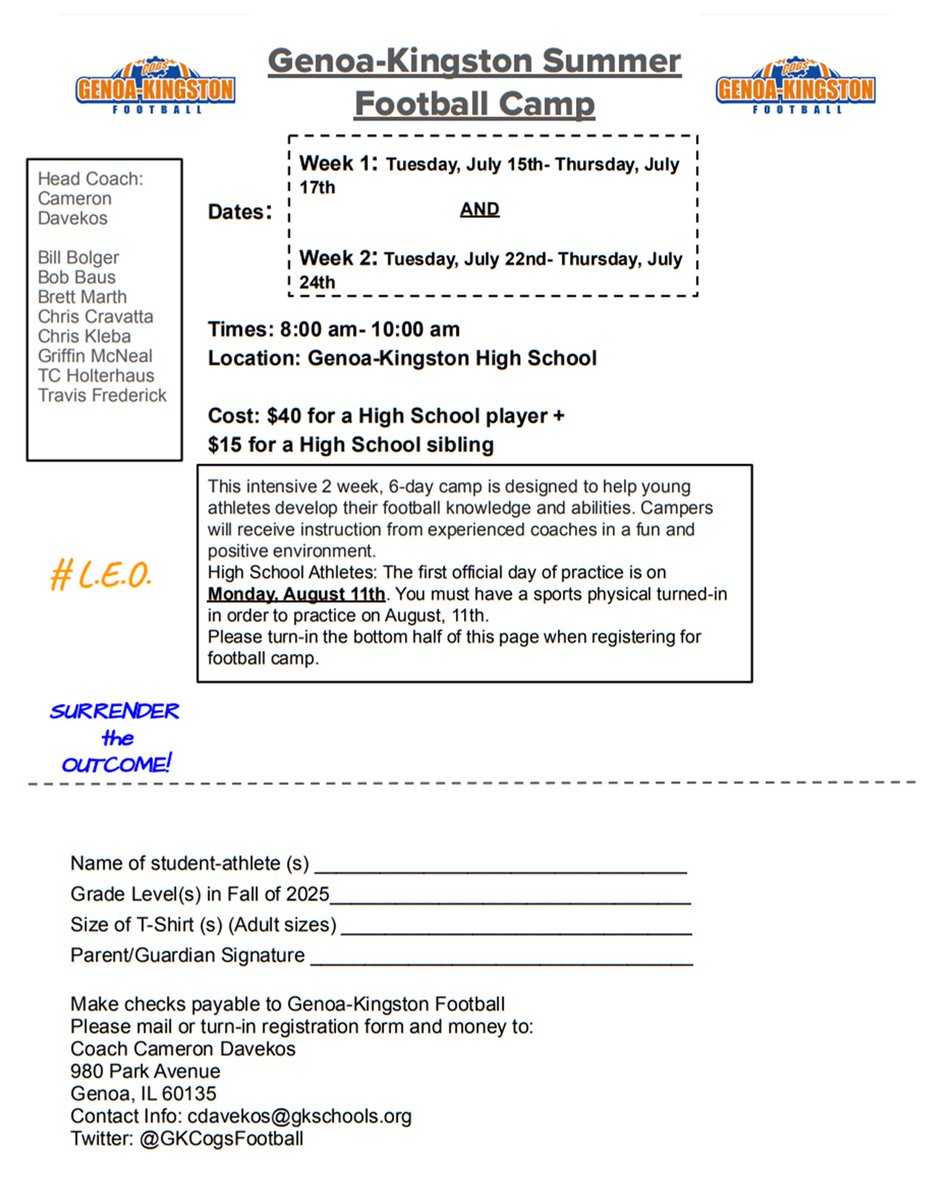 High School Football Camp begins next week!  Note the change in schedule from past years, as this camp will now begin on TUESDAY, and will be a TWO-WEEK long camp.  Campers should arrive early to the first day to receive equipment if they haven't already.
#gkcogs #BuildTheBrand