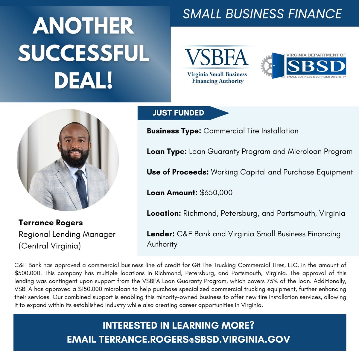 VA Dept. of Small Business and Supplier Diversity (@virginiasbsd) on Twitter photo Is your business in search of financial assistance?   Our friendly and knowledgeable team at VSBFA is here to help you achieve your   business goals through creative financing options that will fit your unique   needs. Call us today! (804) 786-1049 Is your business in search of financial assistance?   Our friendly and knowledgeable team at VSBFA is here to help you achieve your   business goals through creative financing options that will fit your unique   needs. Call us today! (804) 786-1049