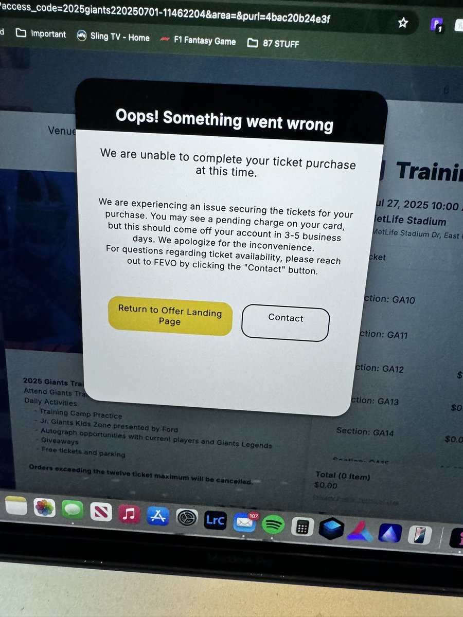 Jerzygrllys's tweet photo. @Giants Why are we STILL using this website when year after year it is nothing but garbage?? Draft day party tickets are the easiest thing to grab on TM, but TC is always a nightmare. It’s unfair. I had tickets selected over 1hr ago only to get an error and booted to a queue &amp; get this. https://t.co/pI2j4a1SLG