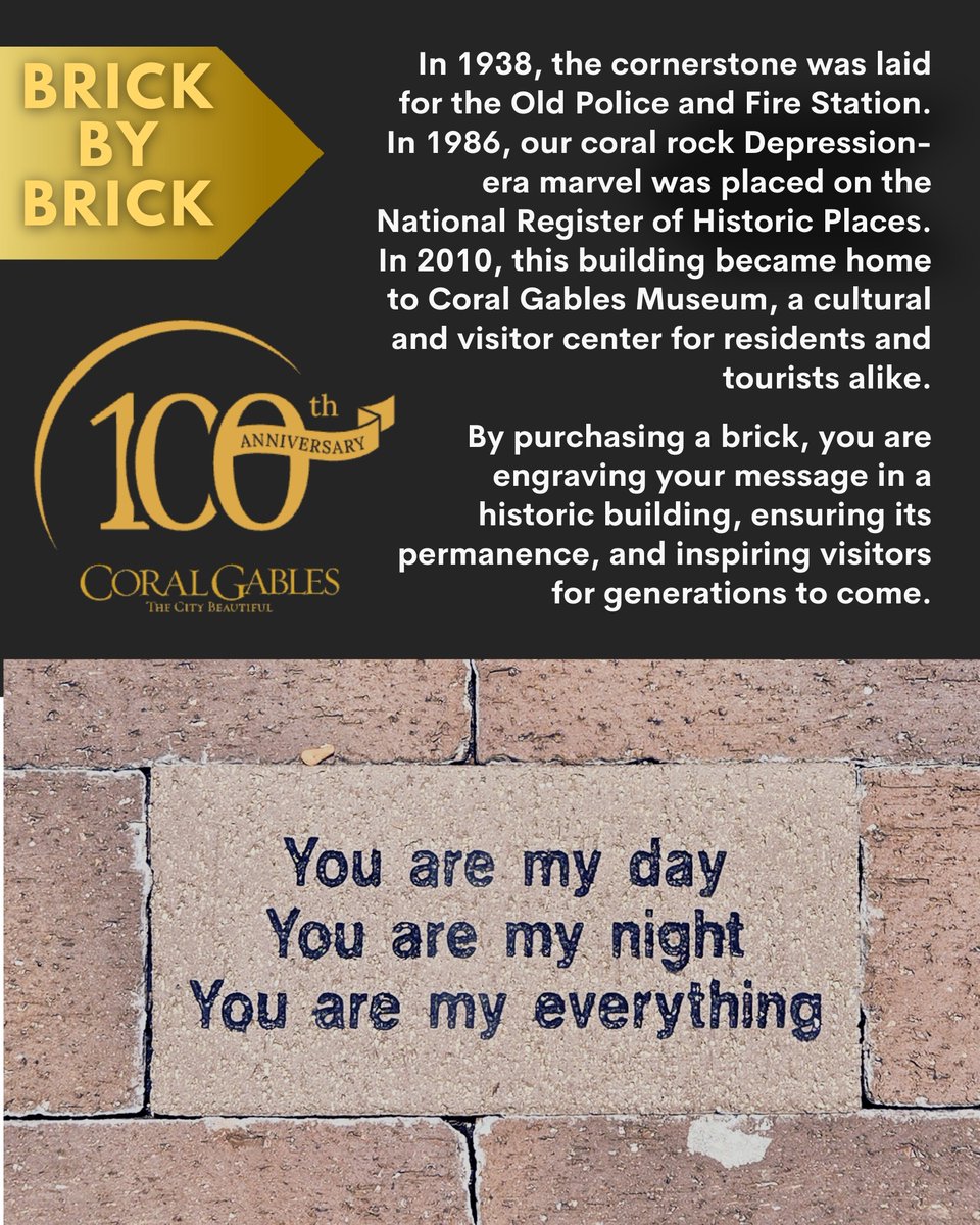 ✨💯 Leave your mark on history. Dedicate a custom brick to someone special through the Brick by Brick Centennial Campaign.

🔗 Name your brick now: coralgablesmuseum.org/support/brick-…

#BrickByBrick #CoralGables100 #LegacyInStone #LeaveYourMark #CoralGablesMuseum