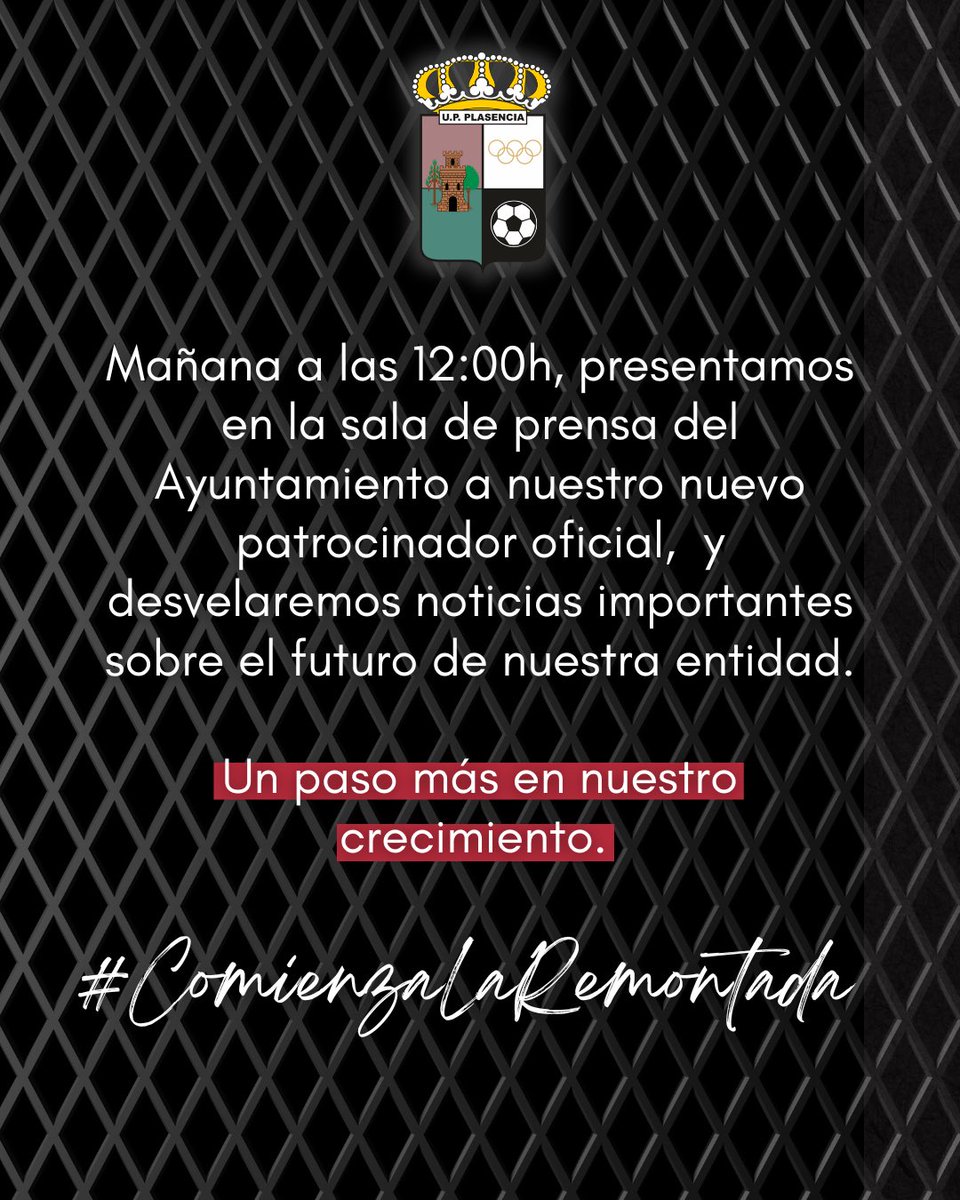 📣 ¡𝐆𝐫𝐚𝐧𝐝𝐞𝐬 𝐧𝐨𝐭𝐢𝐜𝐢𝐚𝐬 𝐞𝐧 𝐜𝐚𝐦𝐢𝐧𝐨!

Mañana a las 🕛 12:00h en la sala de prensa del Ayuntamiento, desvelamos el nombre de nuestro 𝐧𝐮𝐞𝐯𝐨 𝐩𝐚𝐭𝐫𝐨𝐜𝐢𝐧𝐚𝐝𝐨𝐫 𝐨𝐟𝐢𝐜𝐢𝐚𝐥

𝐂𝐨𝐦𝐢𝐞𝐧𝐳𝐚 𝐥𝐚 𝐫𝐞𝐦𝐨𝐧𝐭𝐚𝐝𝐚🤍🖤

#upplasencia #siempreupp