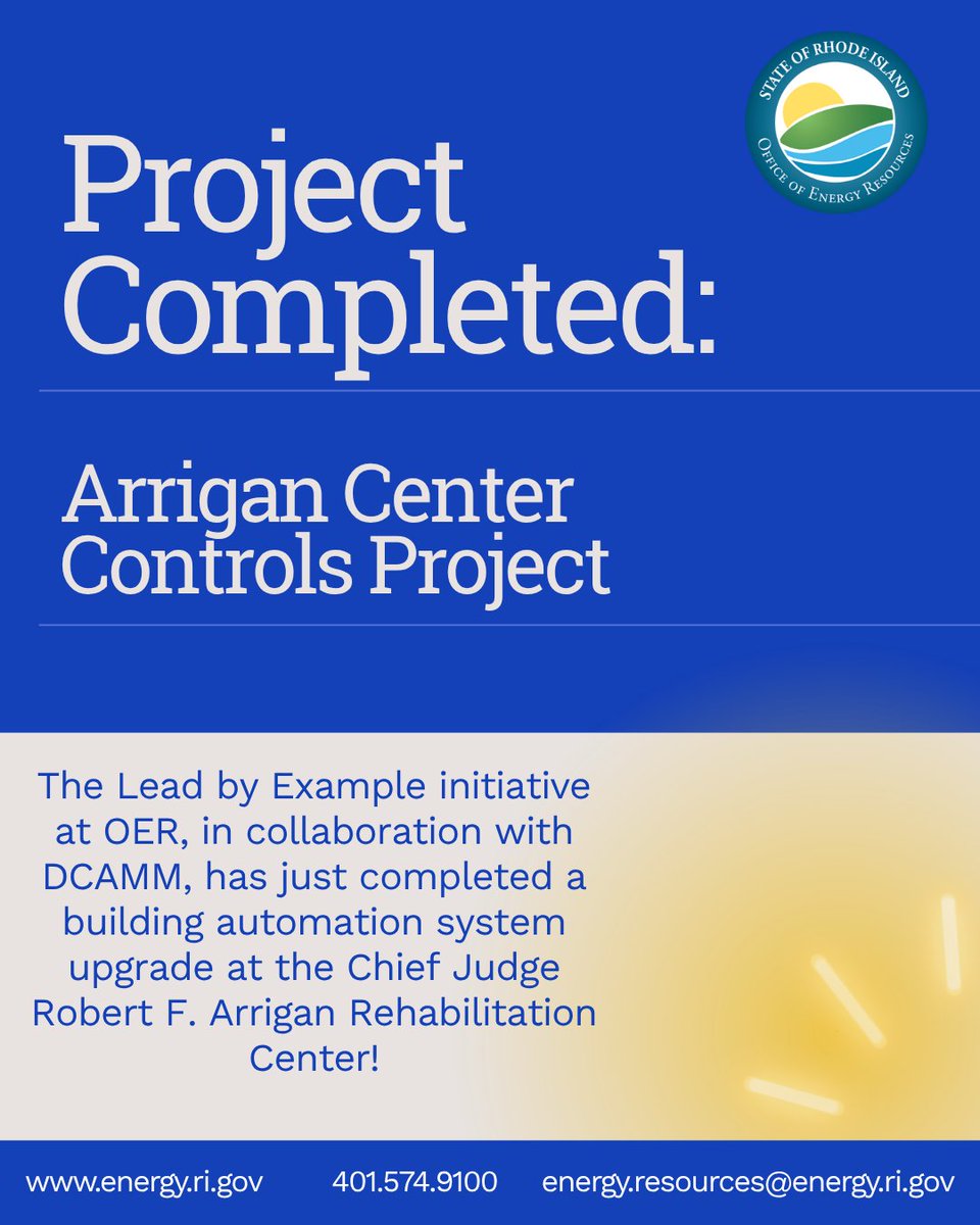 EnergyRI's tweet image. Project Completion Announcement! OER is excited to share that the Lead by Example team, in collaboration with DCAMM, has just completed a building automation system upgrade at the Chief Judge Robert F. Arrigan Rehabilitation Center. These new building controls will reduce energy…