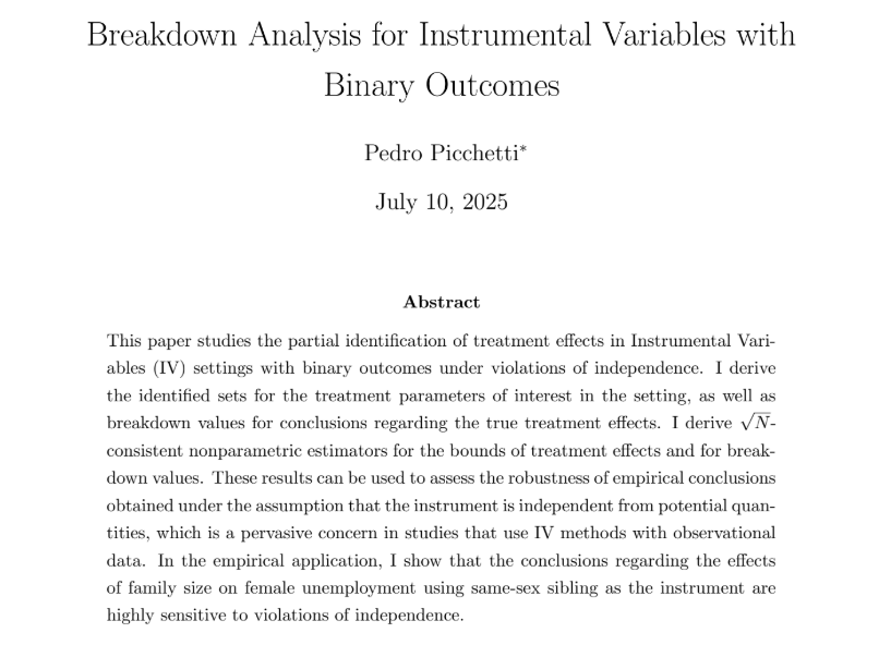 #EconTwitter I am happy to share my new working paper, "Breakdown Analysis for Instrumental Variables with Binary Outcomes"!