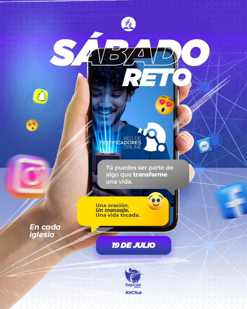 🔔 Este sábado 19 de julio, únete al gran RETO.
🌐 Transforma tus redes sociales en herramientas de esperanza*ñ✨😃.
💖 Comparte un mensaje con amor. Podrías tocar el corazón de alguien y cambiar su historia ¡para siempre! 🙃