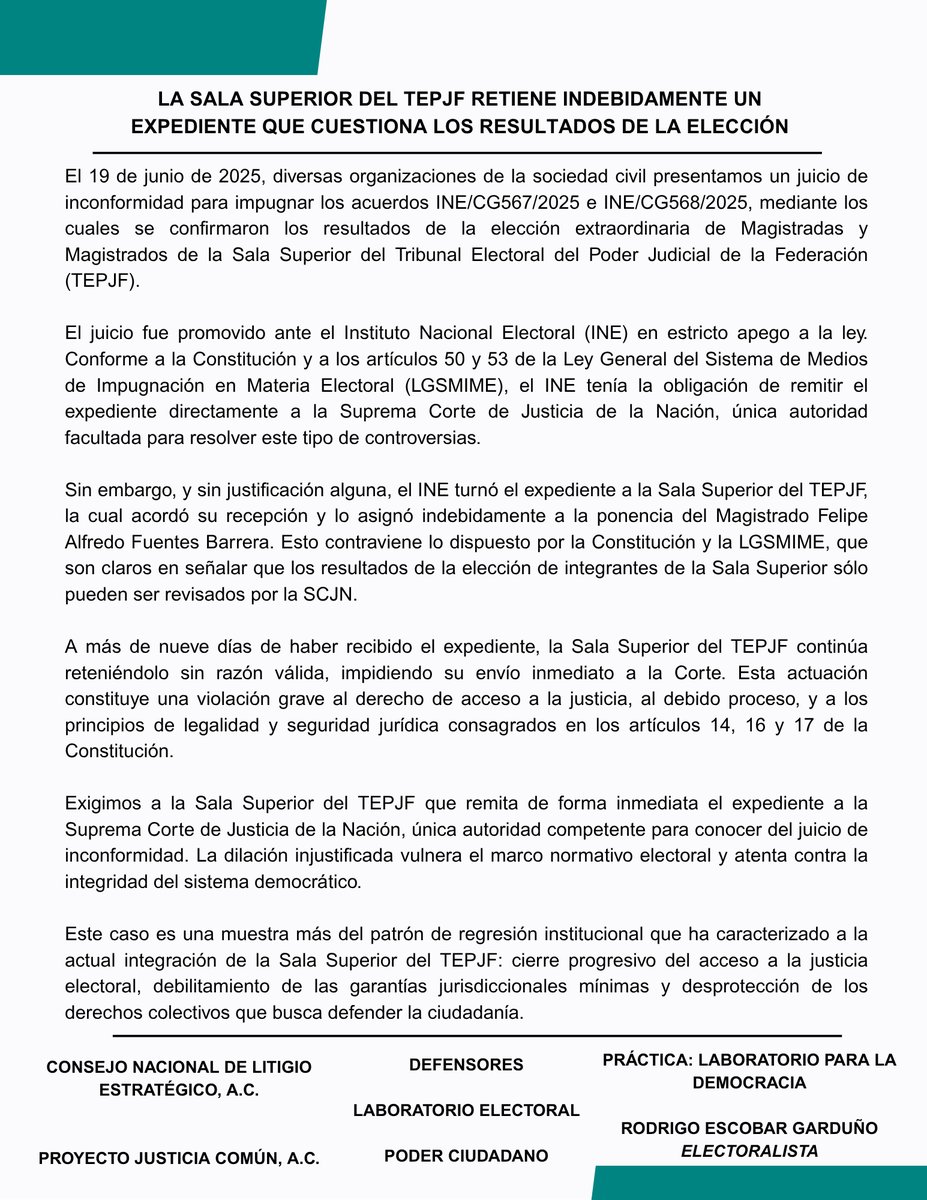 ¡Otra vez no hay acceso a la justicia electoral! La Sala Superior del <a href="/TEPJF_informa/">TEPJF</a>  indebidamente retiene un expediente fundamental que impugna los resultados de su propia elección, poniendo en jaque el acceso a la justicia y el debido proceso.

El 19 de junio de 2025, diversas