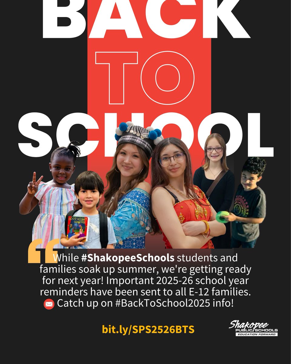 🌞📧While #shakopeeschools students and families soak up summer, we're getting ready for next year! Important 2025-26 school year reminders have been sent to all E-12 families. Catch up on #BackToSchool2025 info&gt;&gt; bit.ly/SPS2526BTS