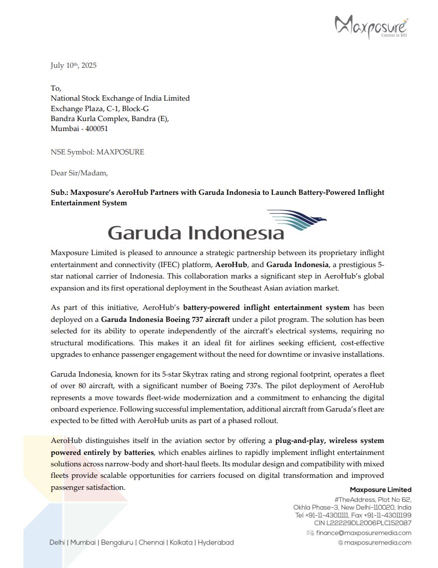 ManishK46113331's tweet photo. ๐จ#Maxposure announces a strategic partnership between its proprietary inflight entertainment and connectivity (IFEC) platform, AeroHub, and Garuda Indonesia, a prestigious 5-star national carrier of Indonesia. #SME
This collaboration marks a significant step in AeroHubโs global expansion and its first operational deployment in the Southeast Asian aviation market.
Incorporated in 2006, Maxposure Ltd provides media and entertainment services like Inflight Entertainment, Content Marketing, Advertisement and Technology
Mcap : 127cr, PE : 15x,
Promoter holding : 61.6% no pledge