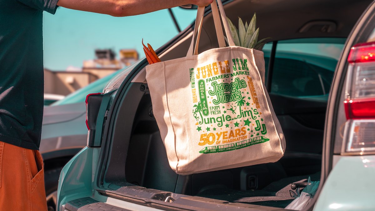 Celebrating 50 years of “I just need one thing." Durable, reusable, and commemorating half a century of Jungle Jim’s, our 50th Anniversary tote bag is available now at both locations for $10.99. Carry the adventure home with you! #JungleJimsTurns50