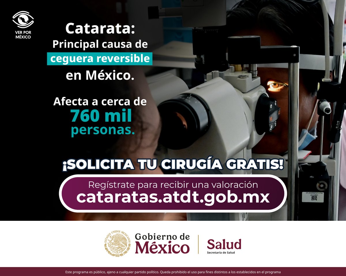 SALUD México (@ssalud_mx) on Twitter photo En México, el 34% de los casos de pérdida de visión son por catarata. 👁
Con la Estrategia Nacional de Cirugía de Catarata “Ver por México”, se busca regresar la visión, autonomía y calidad de vida a los adultos mayores de 60 años.🙌
➡️ Si conoces a alguien con problemas de En México, el 34% de los casos de pérdida de visión son por catarata. 👁
Con la Estrategia Nacional de Cirugía de Catarata “Ver por México”, se busca regresar la visión, autonomía y calidad de vida a los adultos mayores de 60 años.🙌
➡️ Si conoces a alguien con problemas de