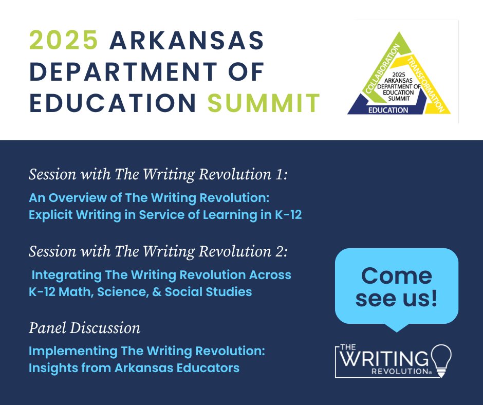 TheWritingRevol's tweet image. 📣 Arkansas educators, we’re heading your way!
The Writing Revolution is excited to join the #ADESummit2025 in Little Rock next week. 📍 Catch us in three different sessions—we can’t wait to connect, collaborate, and learn with you!
#LiteracyLeadership #WritingRevolution…