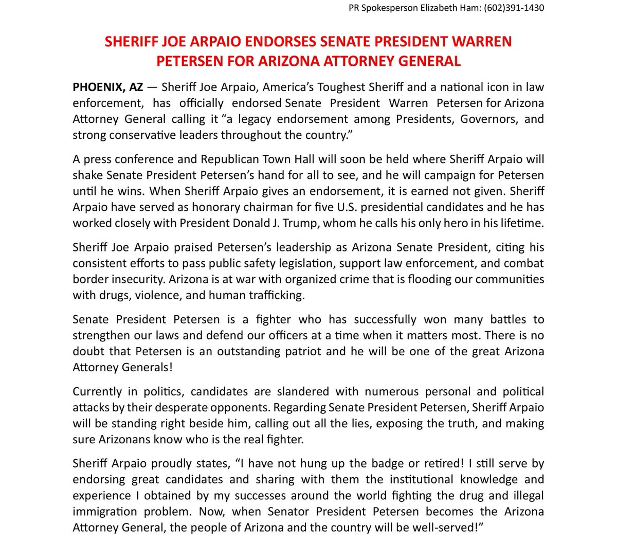 RealSheriffJoe's tweet image. I am proud to endorse Senate President Warren Petersen @votewarren to be Arizona's next Attorney General!
With his consistent efforts to support law enforcement, secure our border, & prioritize public safety, I know he will be one of the GREAT leaders of Arizona!
Vote Warren!🇺🇸
