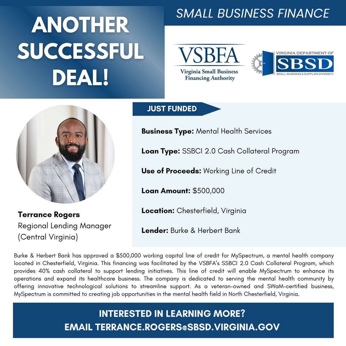 VA Dept. of Small Business and Supplier Diversity (@virginiasbsd) on Twitter photo Our friendly and knowledgeable team at VSBFA is here   to help you achieve your business goals through creative financing options   that will fit your unique needs. Call us today! (804) 786-1049 Our friendly and knowledgeable team at VSBFA is here   to help you achieve your business goals through creative financing options   that will fit your unique needs. Call us today! (804) 786-1049