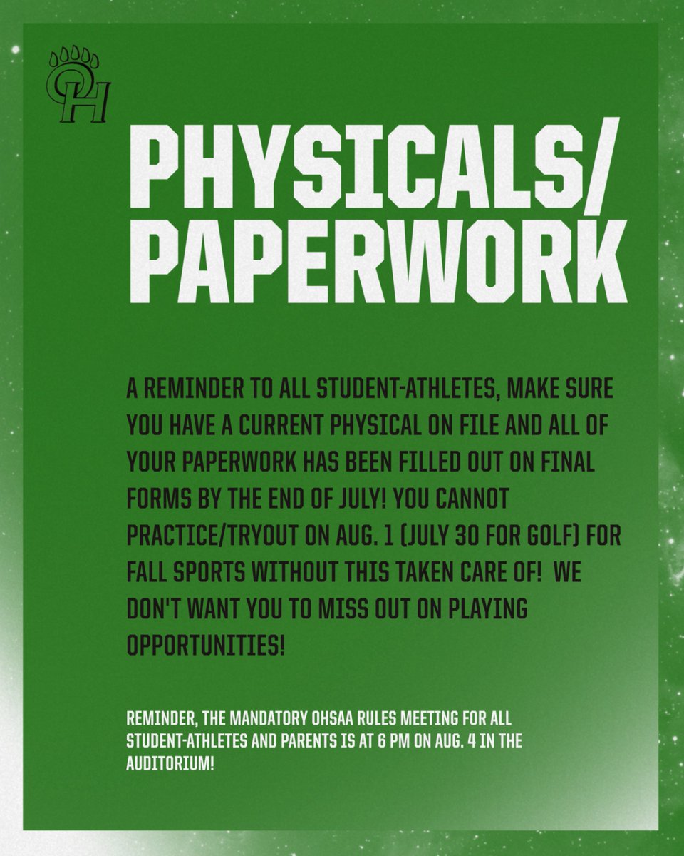 Student-athletes and parents, make sure valid physicals have been submitted and all of your paperwork on Final Forms has been filled out! You WILL NOT be able to participate/tryout without this completed! #GreenBearNation