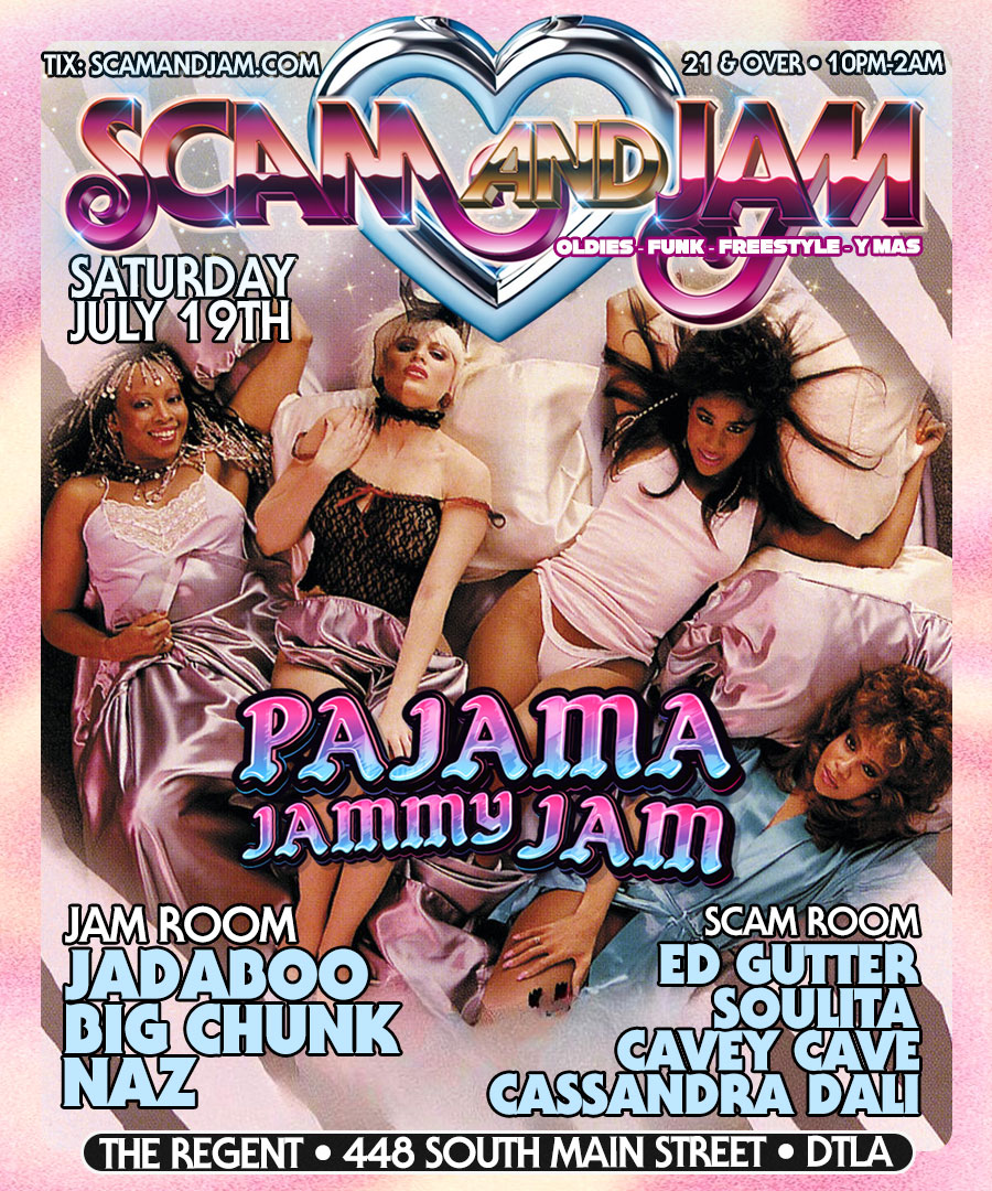 RegentTheaterLA's tweet image. Scam and Jam is bringing the funk and the fits back to The Regent 🛏️🕺 It’s the return of their annual Pajama Jammy Jam, so come dressed accordingly.
Pull up Sat, July 19th, for a night of nonstop 70s + 80s jams you already know by heart.
Get tix at regentdtla.com 🎫