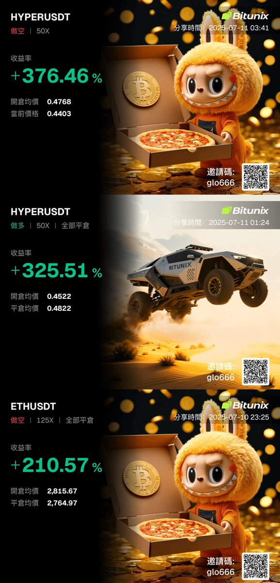 Gloooria_web3's tweet image. 今晚先开空了eth,止盈210%
又开多hyper五分钟止盈310%
睡前挂了个hyper空,半夜打开手机一看376%,合着我今晚随便开开赚了将近900%
???
这行情好赚到让我误以为我很牛逼了