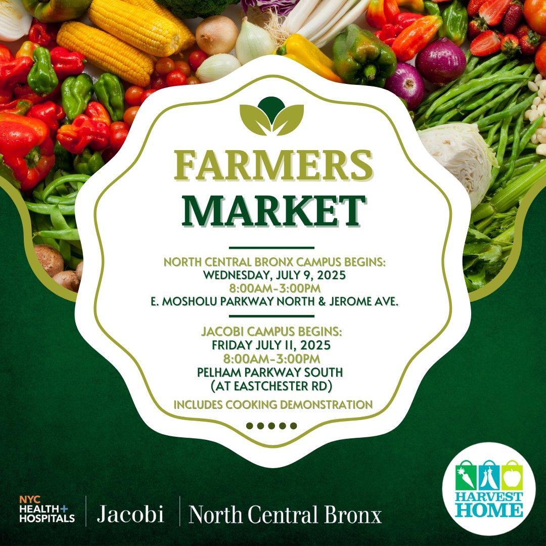 JacobiHosp's tweet image. Farmers Market Season is Back!
NYC Health + Hospitals/North Central Bronx and Jacobi are excited to welcome back our Farmers Markets, bringing fresh, locally grown fruits and vegetables right to our campuses!
#FarmersMarket #HealthyBronx #JacobiHospital #NorthCentralBronx