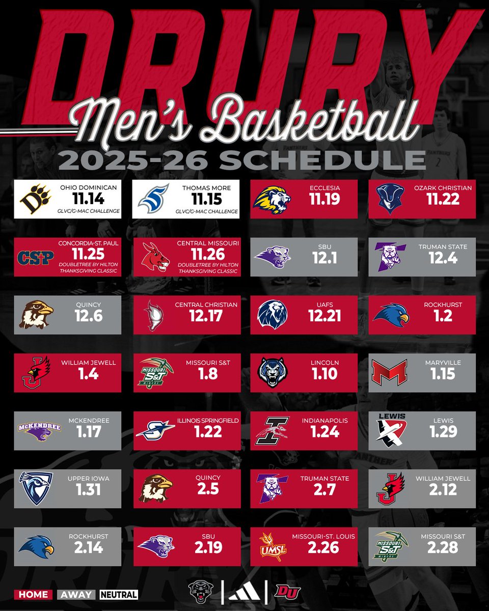 DruryMBB's tweet image. 🏀 RELEASE | Panthers Announce 2025-26 Schedule
🔗drurypanthers.com/news/2025/7/10…
#OneDrury