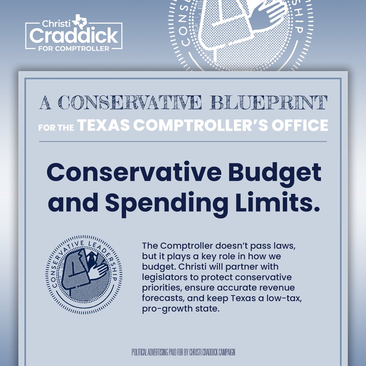 ChristiCraddick's tweet image. The Comptroller’s office plays a vital role in shaping the state’s budget and limiting spending.
As a proud Republican, I’ll be a partner to other conservative leaders across Texas and help uphold the conservative principles of fiscal discipline, limited government, and economic…