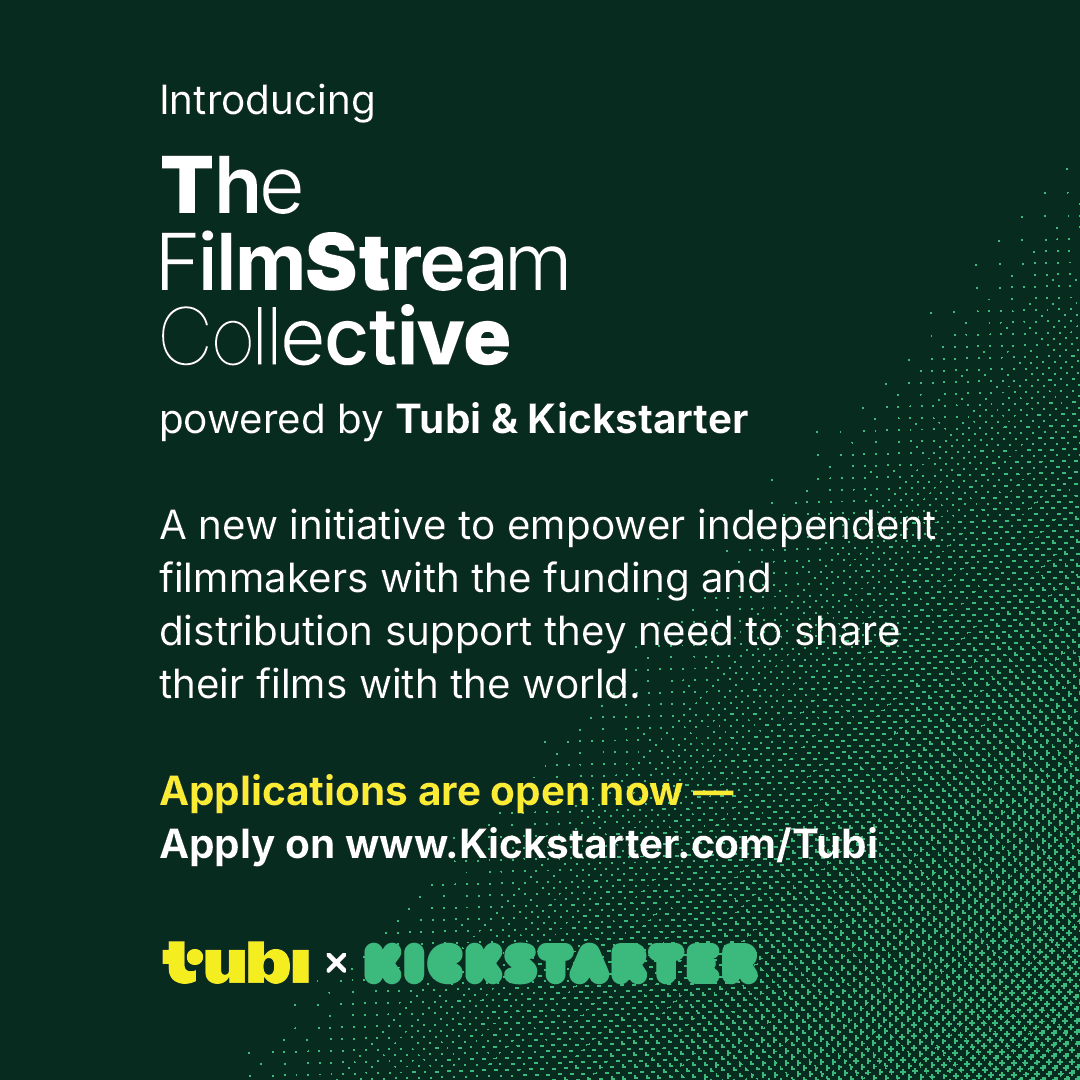Calling indie filmmakers!🗣️

Weʼre excited to share the FilmStream Collective, a new partnership between <a href="/Kickstarter/">Kickstarter</a>  and <a href="/Tubi/">Tubi</a>  offering something rare: funding support + guaranteed streaming distribution for select films on Kickstarter. 

More details➡️ kickstarter.com/tubi
