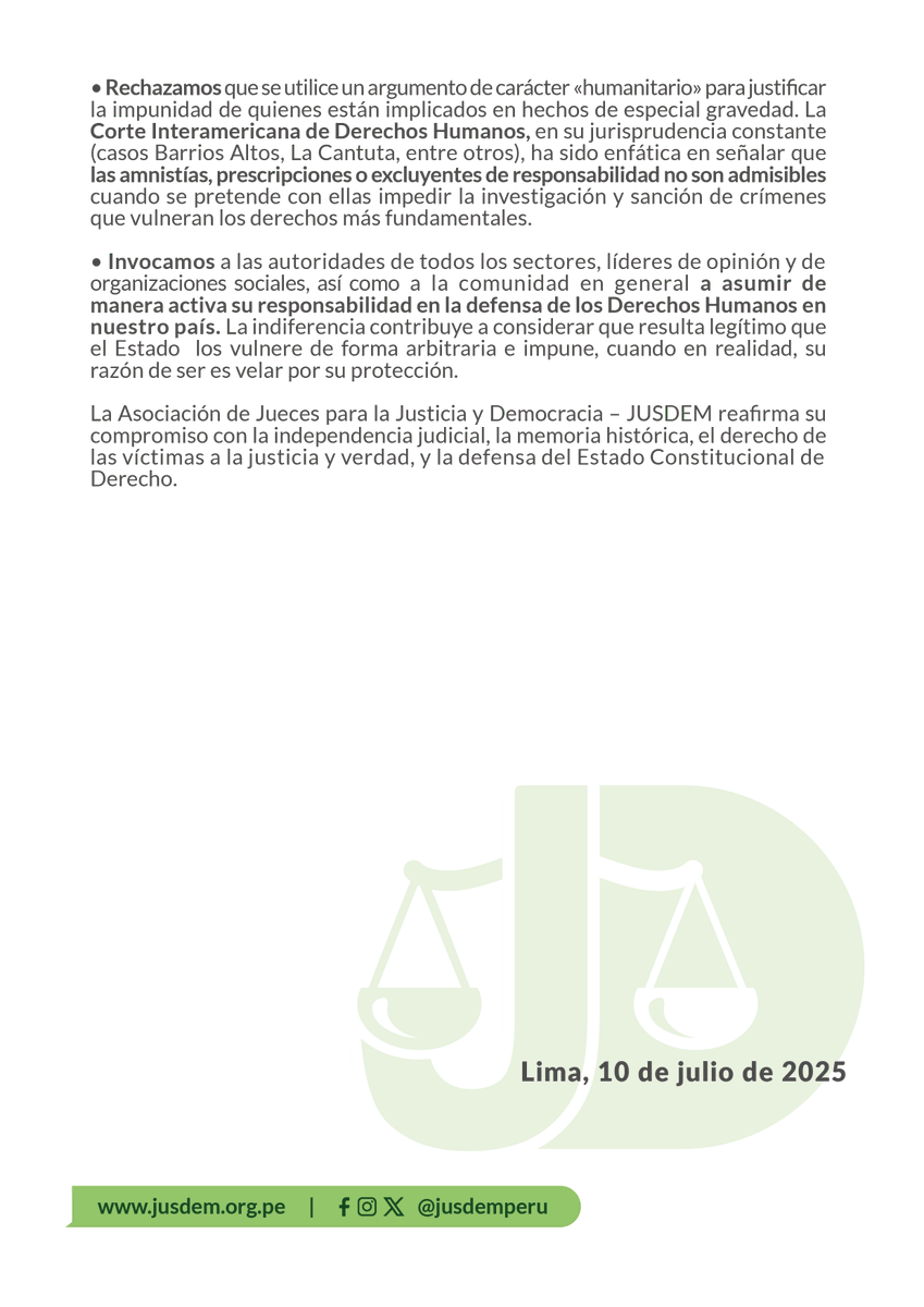 jusdemperu's tweet photo. JUSDEM denuncia la aprobación de la ley que concede amnistía a procesados por graves violaciones a los DD.HH. durante el conflicto armado interno que coloca al Perú en incumplimiento de sus compromisos internacionales.

 #JUSDEM #NoAlaImpunidad https://t.co/DKSGysqaks
