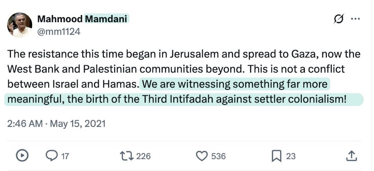 The first two intifada consisted of suicide bombings and mass stabbings, Zohran Mamdani’s father is calling for a third.

This is a direct incitement to violence.