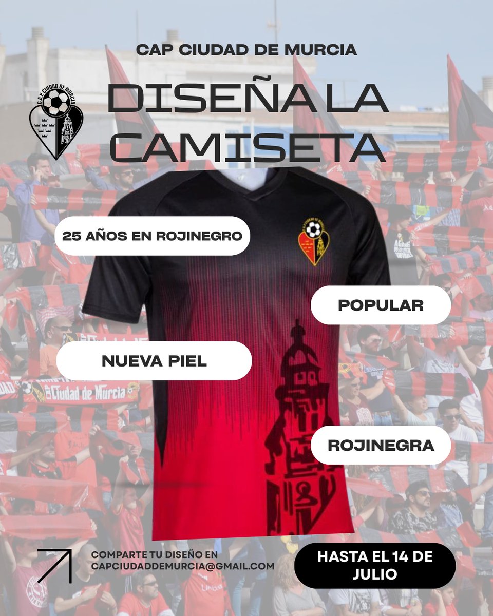 CAP Ciudad de Murcia (@ciudaddemurcia) on Twitter photo ๐จ๐ ยกDISEรA LA CAMISETA DEL CIUDAD!
Este aรฑo celebramos 25 aรฑos en rojinegro... y queremos que Tร formes parte de la historia
๐ฅ El diseรฑo ganador serรก la camiseta oficial de la prรณxima temporada y recibirรก 2 camisetas gratis.
๐ฉ Participa en: capciudaddemurcia@gmail.com ๐จ๐ ยกDISEรA LA CAMISETA DEL CIUDAD!
Este aรฑo celebramos 25 aรฑos en rojinegro... y queremos que Tร formes parte de la historia
๐ฅ El diseรฑo ganador serรก la camiseta oficial de la prรณxima temporada y recibirรก 2 camisetas gratis.
๐ฉ Participa en: capciudaddemurcia@gmail.com
