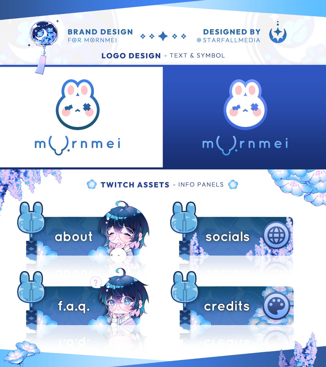 【Design Showcase】  
✦ Brand Design - Logo and Info Panels
✧ Client: <a href="/mornmeii/">mai 🌙</a> 
• Blue. So much blue. 🪻🎐

#GraphicDesign #VtuberAssets #VTuberDesign