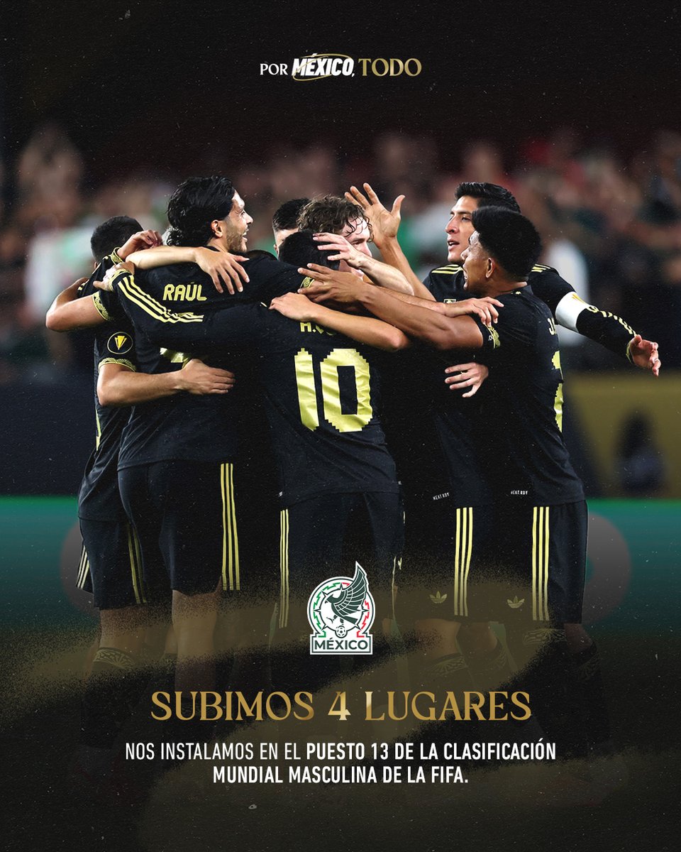 Incondicionales, ascendimos cuatro lugares en la Clasificación Mundial FIFA luego de ganar la Copa Oro 2025. 😎

✍🏻 Los detalles: bit.ly/44H2UA2

#PorMéxicoTodo 💚🤍❤️