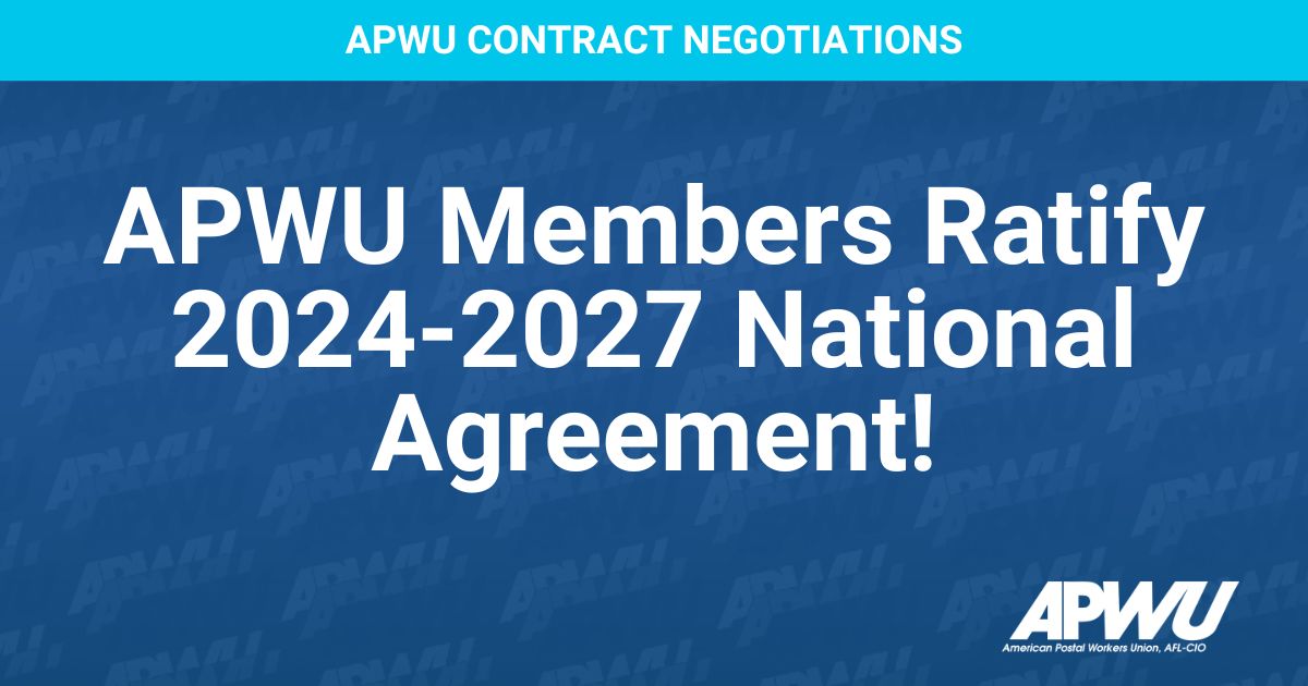APWUnational's tweet image. We did it together! Today, APWU members voted to ratify the new 2024-2027 National Agreement (union contract) between the APWU and USPS. The results were definitive: 95% of voting members said “Yes!” in favor of ratification. Read more on our website: apwu.org/news/ratificat…